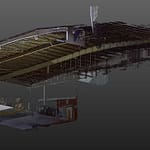 Highly detailed 3D scanning visualization highlighting the intricate steel trusses and beams of a Moorebank logistics roof.