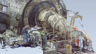 Close-up 3D point cloud scan of complex industrial ball mill components.